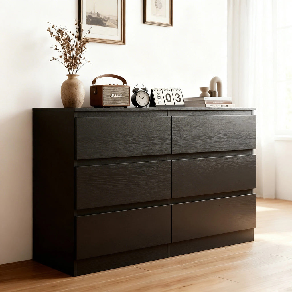 6 Drawer Black Dresser, Modern Bedroom Dresser With Spacious Countertop, Wood Storage Cabinet With Concealed Handles & 6 Deep Drawers For Bedroom, Living Room, Entryway, 15.7 D X 47.2W X 30.9 H - Noventis Home
