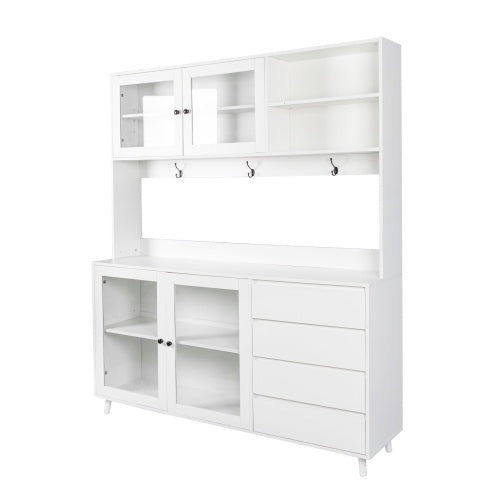 Grote Keukenkast 160 cm, Vrijstaande Voorraadkast met 4 Deuren, 4 Lades en Magnetronplank, Wit