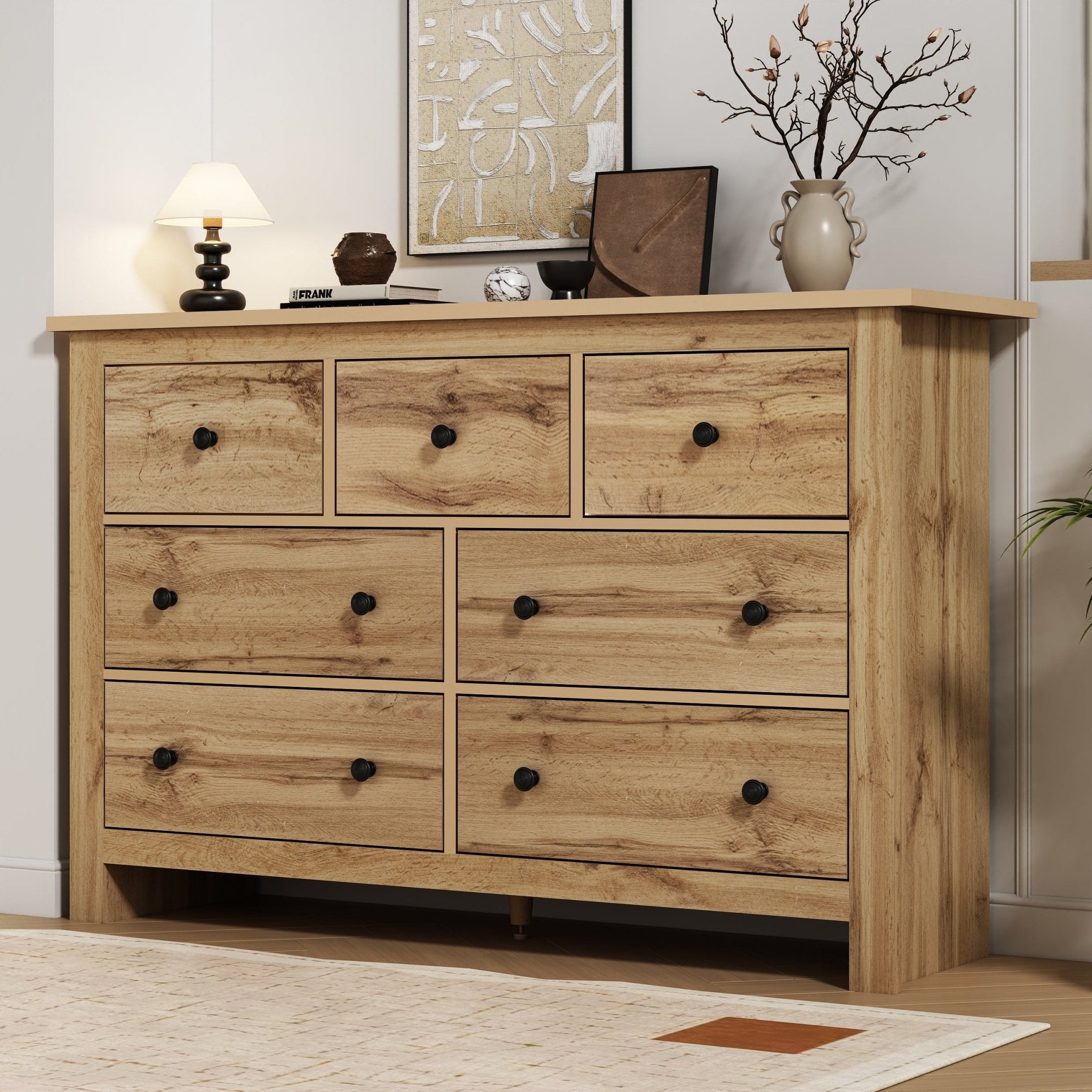 Moderne Vintage Opbergkast, Dressoir met 7 Lades, Sofa Bijzetkast, voor Woonkamer, Slaapkamer, Keuken en Gang, 152x40x88,5cm, Houtkleur - Noventis Home