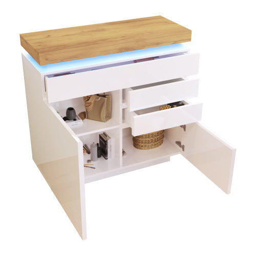 Ladekast, Hoogglans Dressoir met 2 Deuren en 3 Lades, RGB LED App-gestuurd, Multifunctioneel voor Woonkamer en Slaapkamer, 115x110x39 cm, Wit
