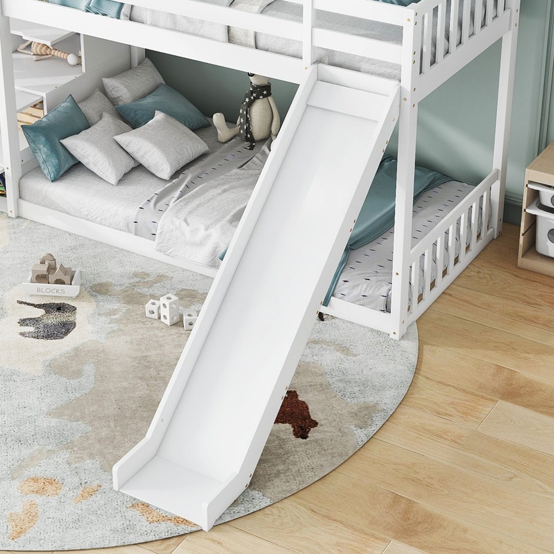 Bunk Bed With Stairs And Slide, Solid Pine Wood Frame, Children Bed, Storage Stairs, 90x190cm, White - Noventis Home