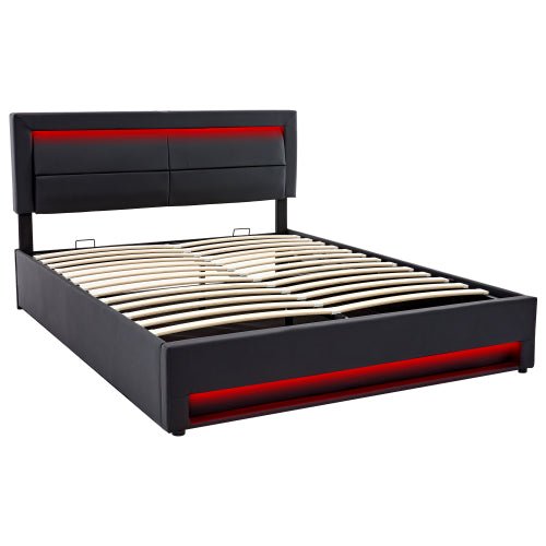 Gestoffeerd Bed 135 x 190 cm, Tweepersoons, met USB - oplaadpoort (Draadloos en Bedraad), LED - verlichting en Opbergruimte, Zonder Matras, PU Lychee Design, Zwart - Noventis Home