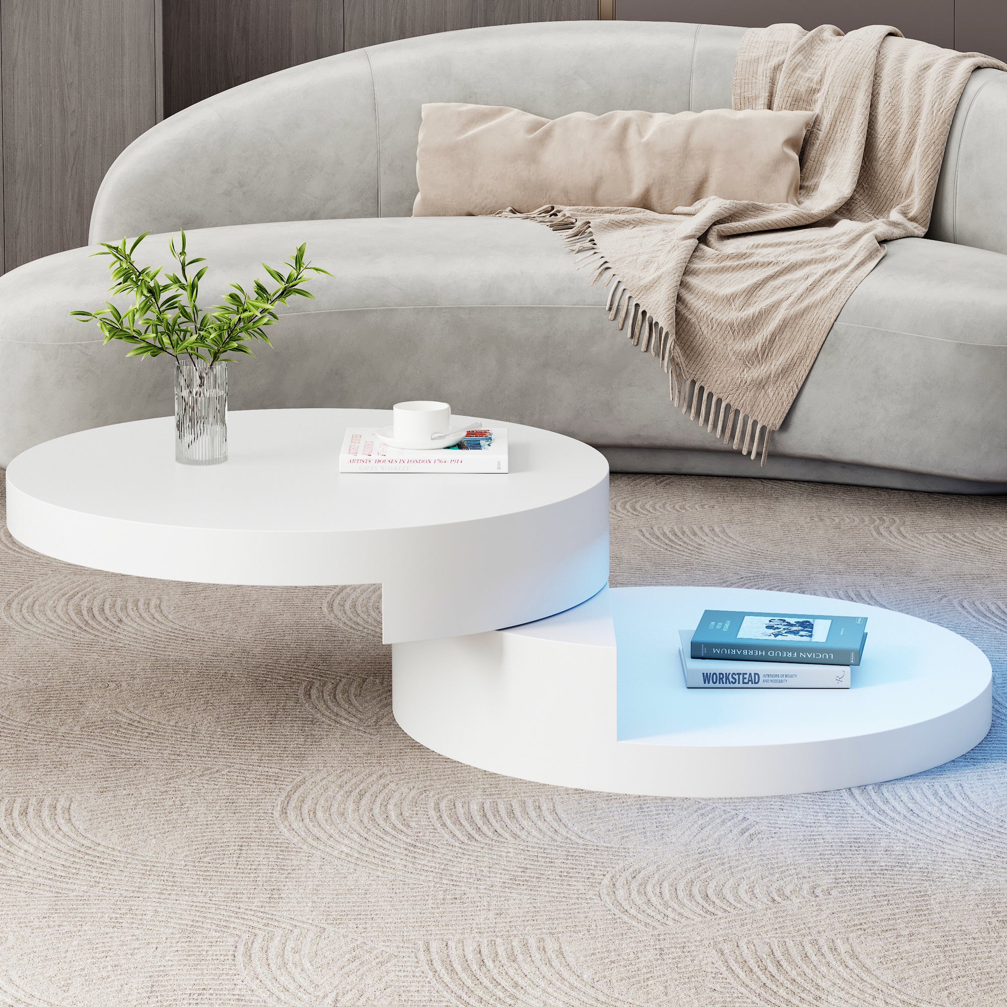 Ronde Draaibare Salontafel met LED-verlichting, 360° Draaibaar Tafelblad, Dubbele Laag, 70x70x35,5cm, MDF, Wit