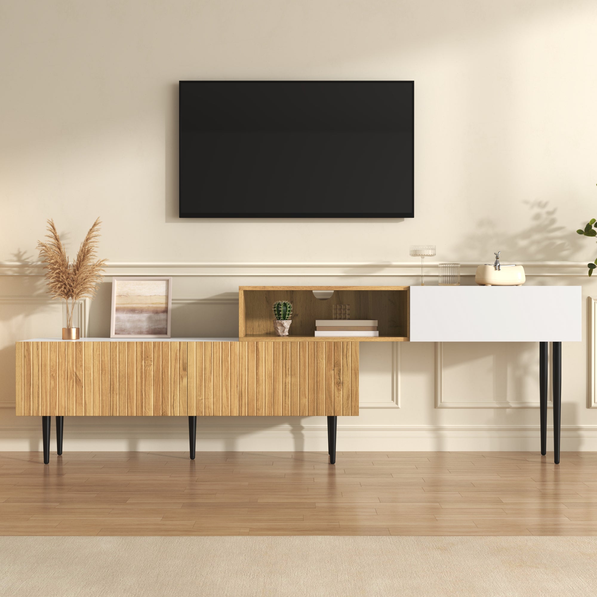 Modern TV - meubel met Verstelbare Lengte, Modulair 2 - delig Design, Houtlook Matwit, Zwarte Metalen Poten - Noventis Home