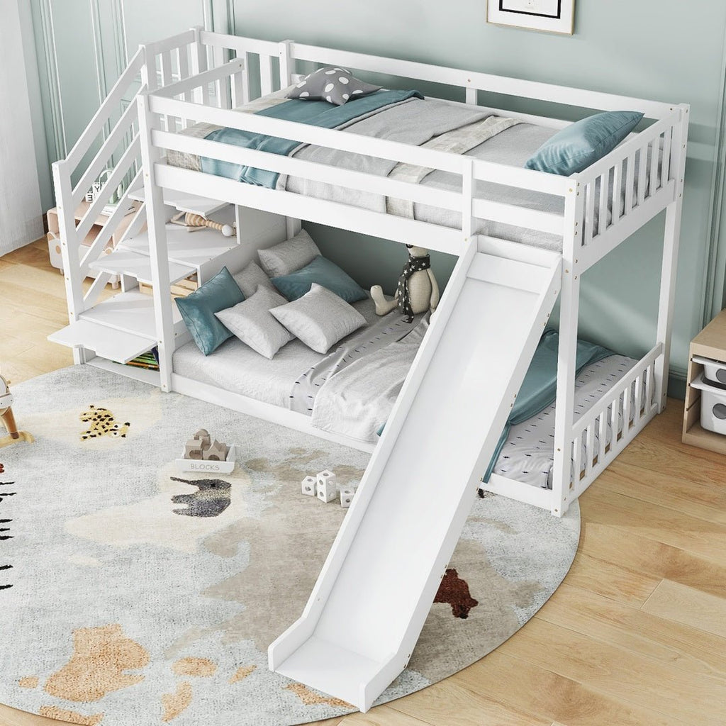 Bunk Bed With Stairs And Slide, Solid Pine Wood Frame, Children Bed, Storage Stairs, 90x190cm, White - Noventis Home
