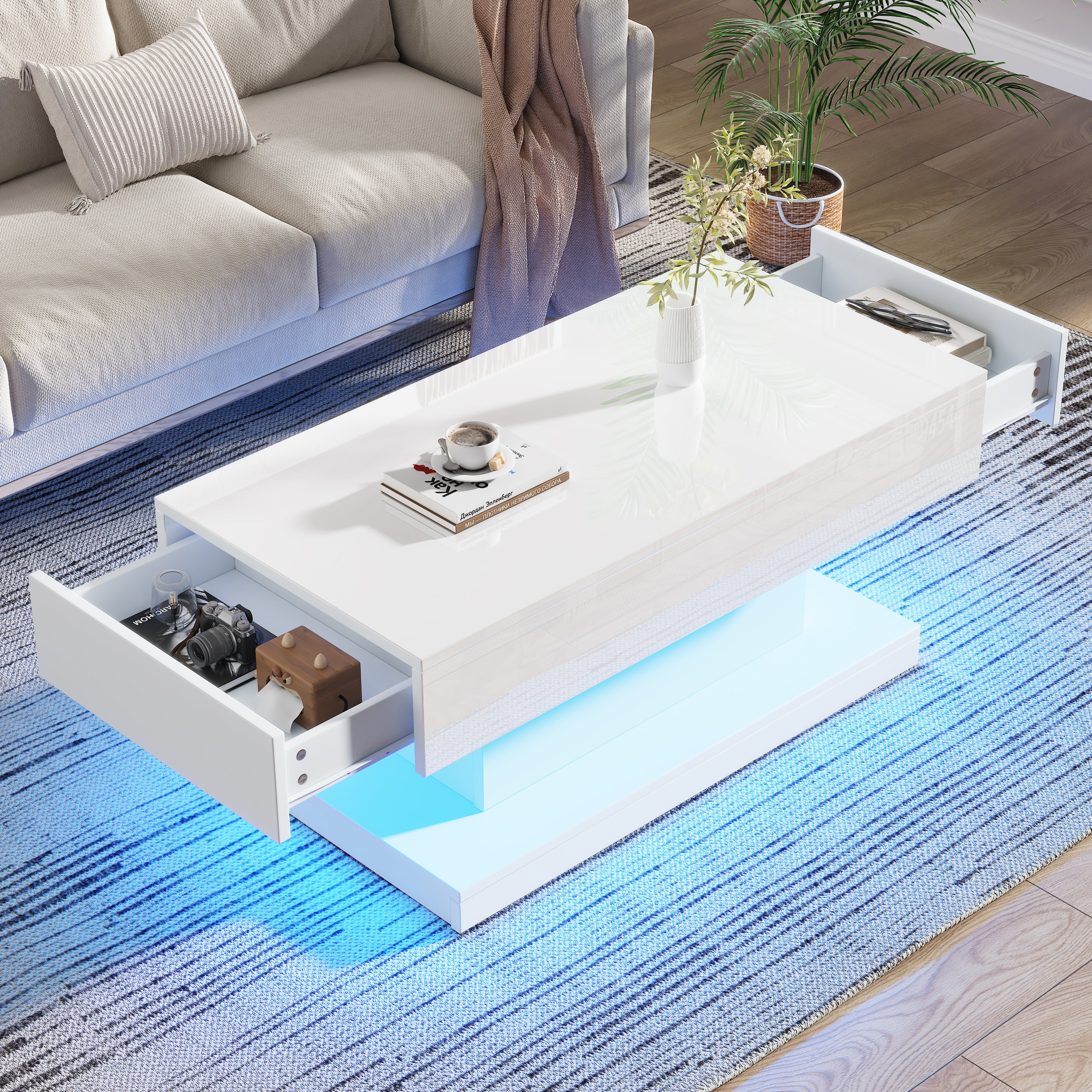 Hoogglans Salontafel met 2 Lades en LED-verlichting, Moderne Woonkamertafel, 100x50x45 cm, Wit
