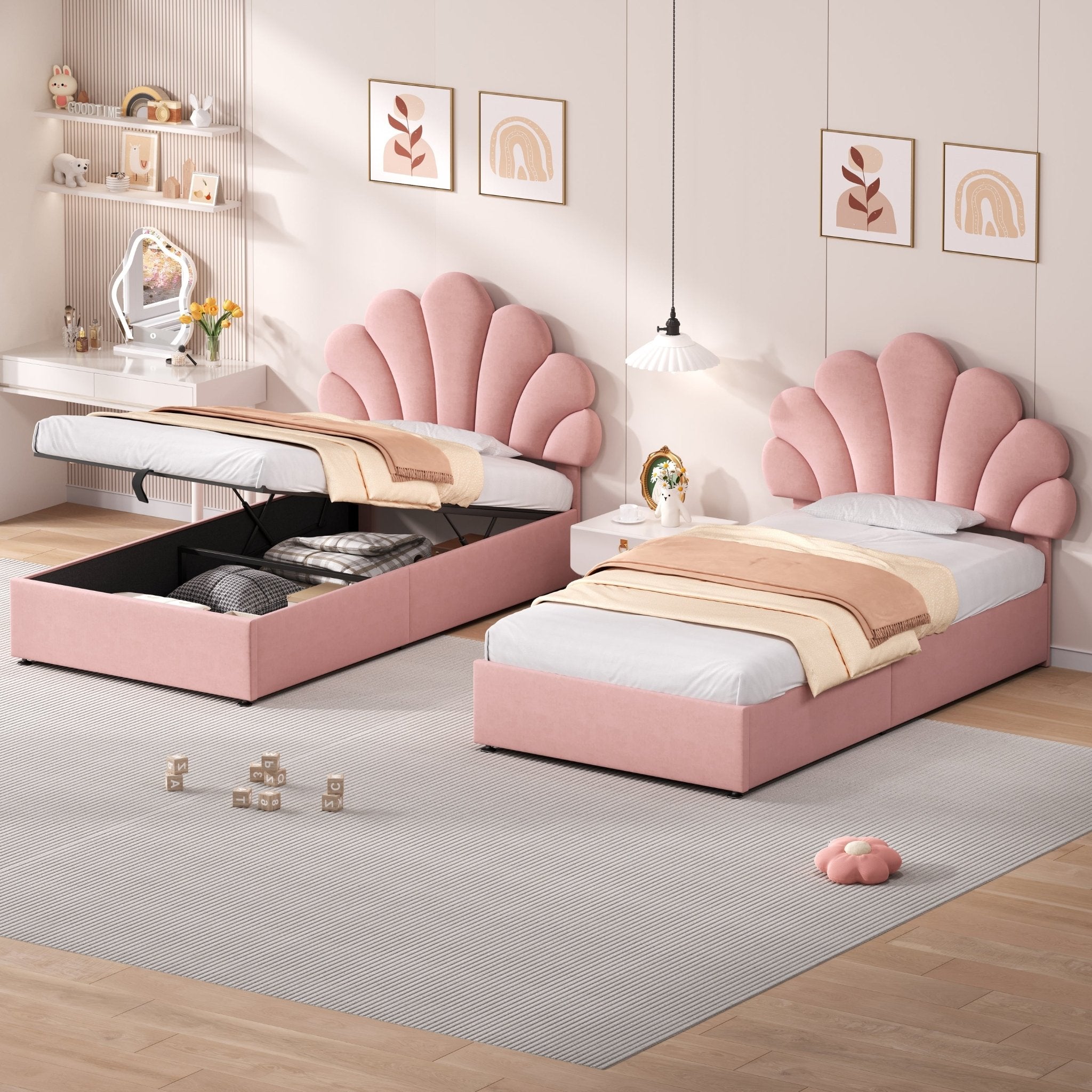 Eenpersoons Gestoffeerd Hydraulisch Bed met Verstelbaar Bloemblaadjes Hoofdeinde, Fluweel, 90x190cm, Zonder Matras - Noventis Home