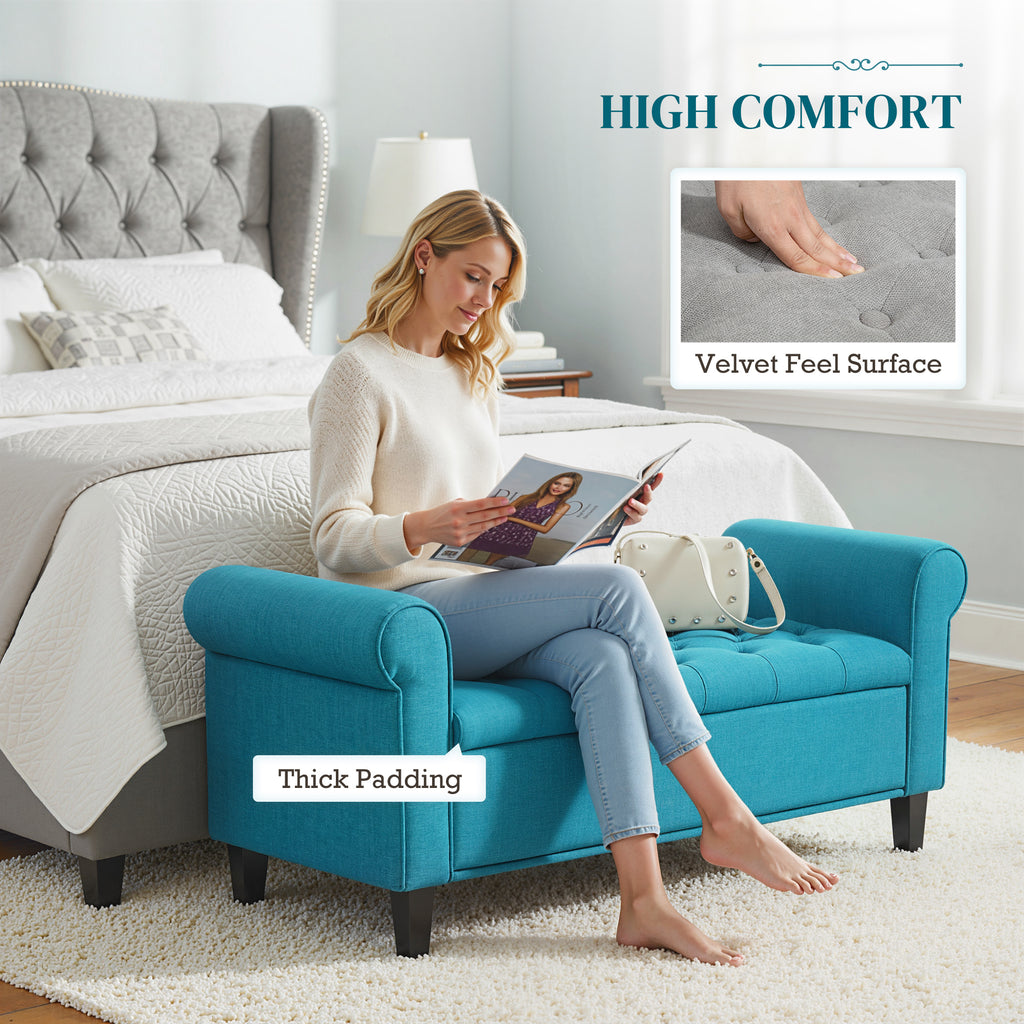 50 Inches Storage Ottoman, End of Bed Bench with Rolled Arms, Wood Legs, Button Tufted Storage Bench, Teal - Noventis Home