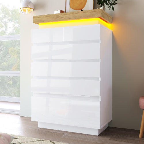 Ladekast, Hoogglans Dressoir met 6 Lades, RGB LED App-gestuurd, Multifunctioneel voor Woonkamer en Slaapkamer, 115x73x39 cm, Wit
