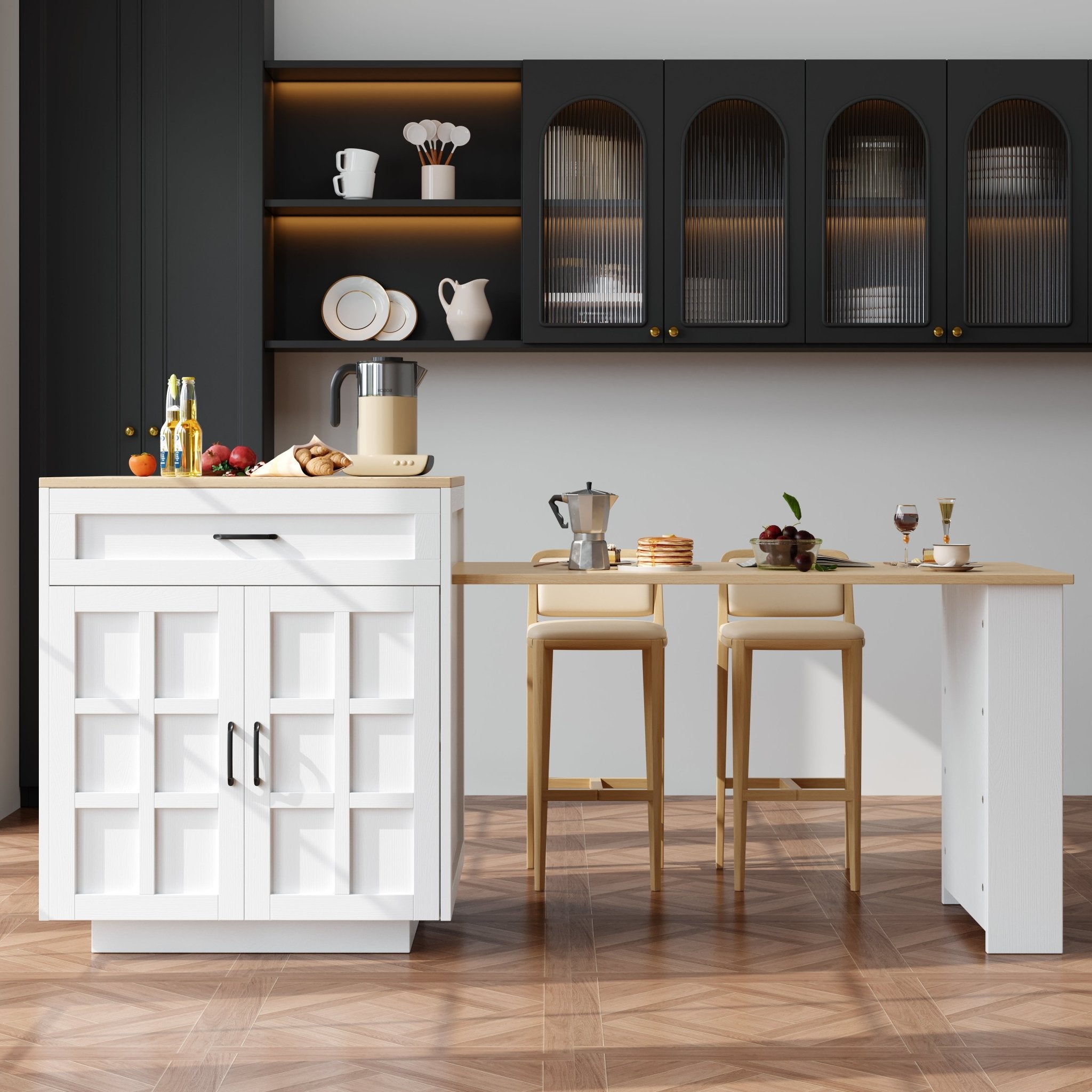 Extendable Bar Table With Storage 133 - 202 X 70 X 93.5 Cm With Two Drawers And Four Compartments, Expandable Kitchen Island Table For 2 - 6 People, Kitchen Dining Cart With Side Shelves, White. - Noventis Home