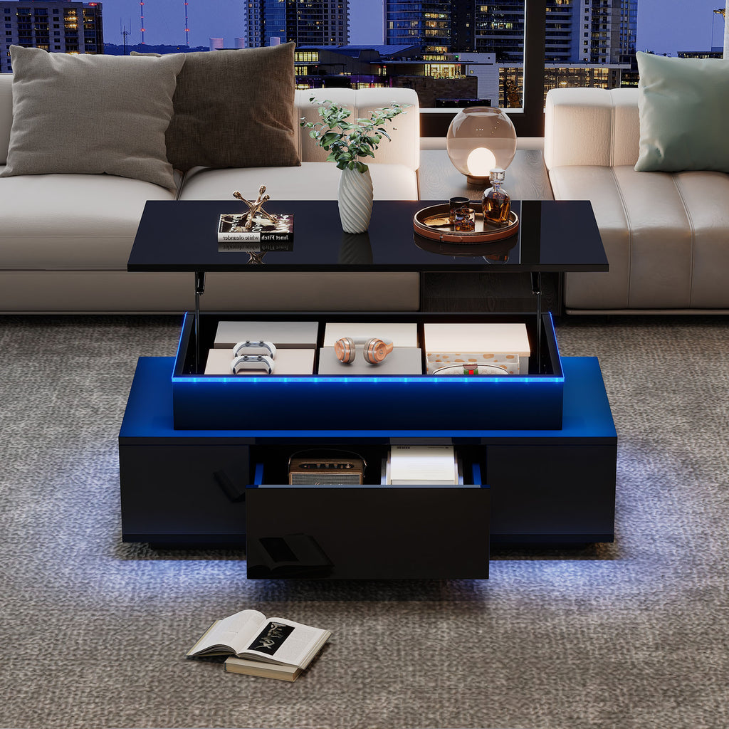 Lift - Top Coffee Table, Highgloss Centre Table With 1 Drawers & LED Lights, Hidden Storage Space, Lifting Sofa Side Table, Space - saving End Table,Tea Table,for Livingroom, Office, 96x45x40m, Black - Noventis Home