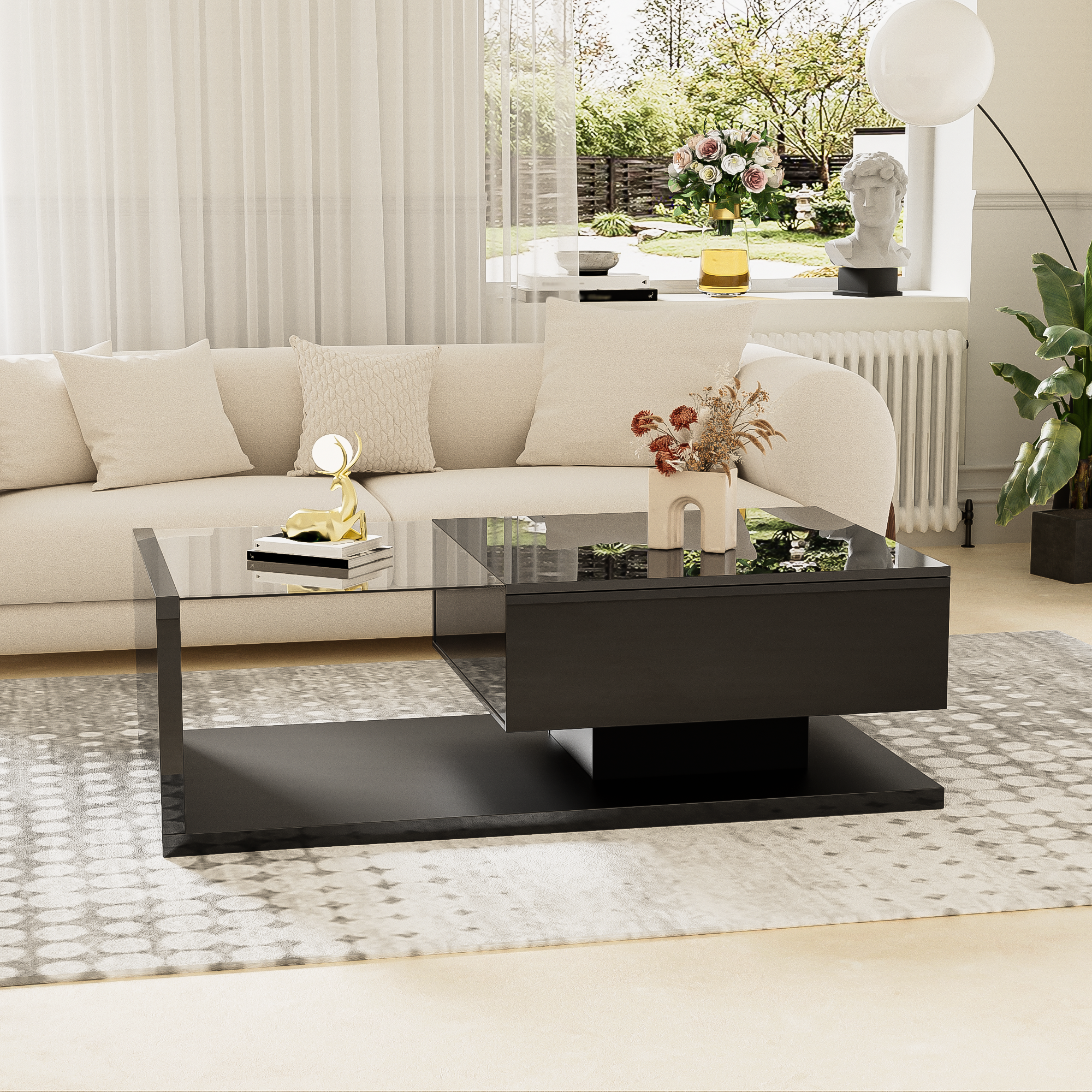 Salontafel Hoogglans Zwart met Glas en LED-verlichting, 105x55x32,5 cm