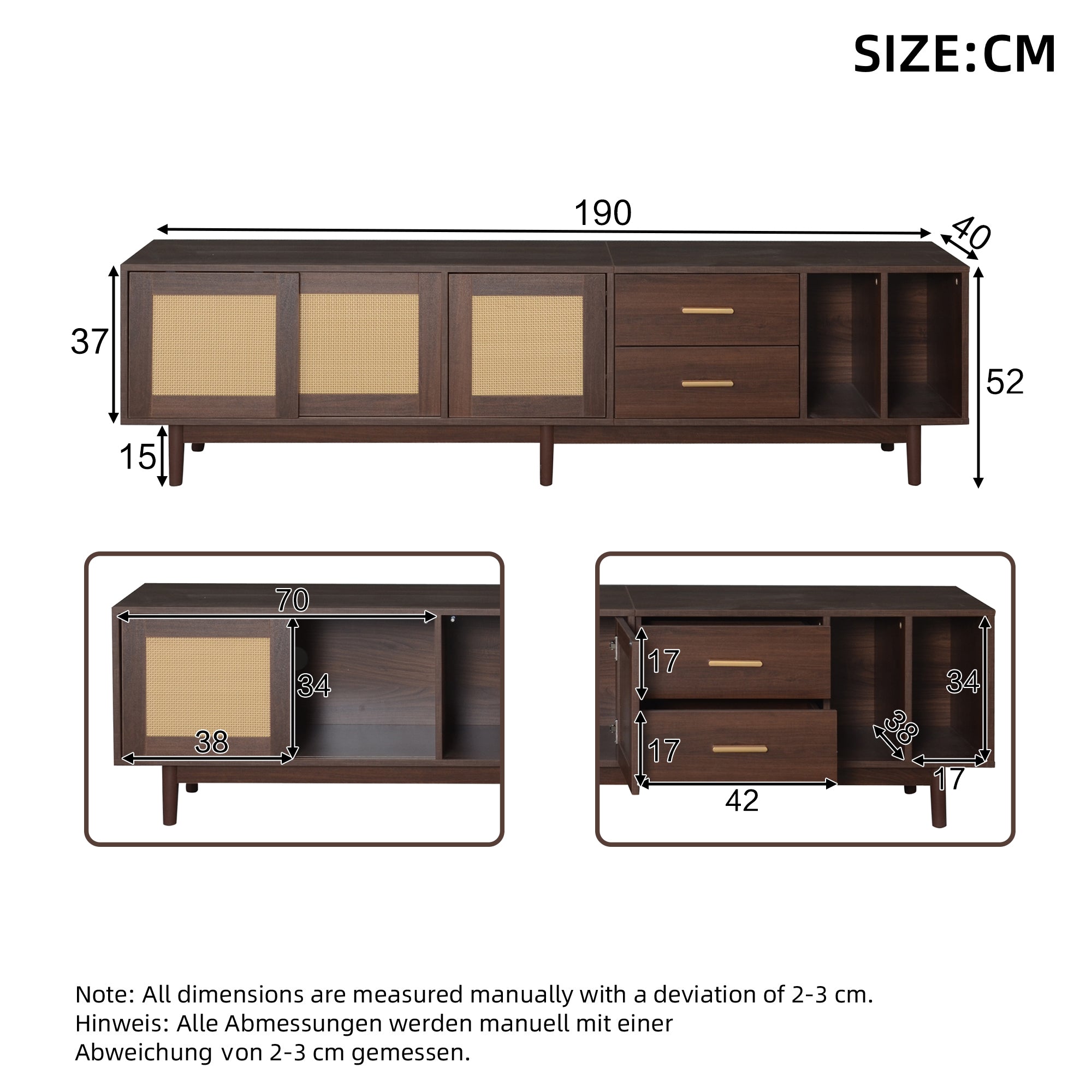 TV Stand Cabient With 2 Drawers, Sliding Doors With Rattan Design, TV Cabinet Sideboard, TV Entertainment Center For Livingroom Bedroom, TV Console, 190x40x52cm, Dark Wood, For Up To 80 Inch TV - Noventis Home