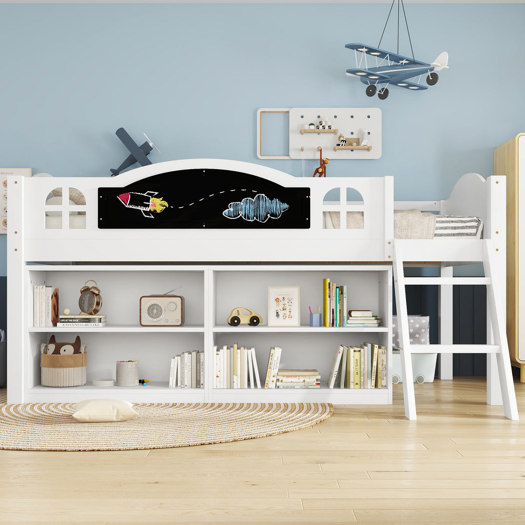 Houten Kinderbed met Krijtbord, Opbergkast en Twee - traps Trap, Eenpersoons 90x190 cm, Wit - Noventis Home
