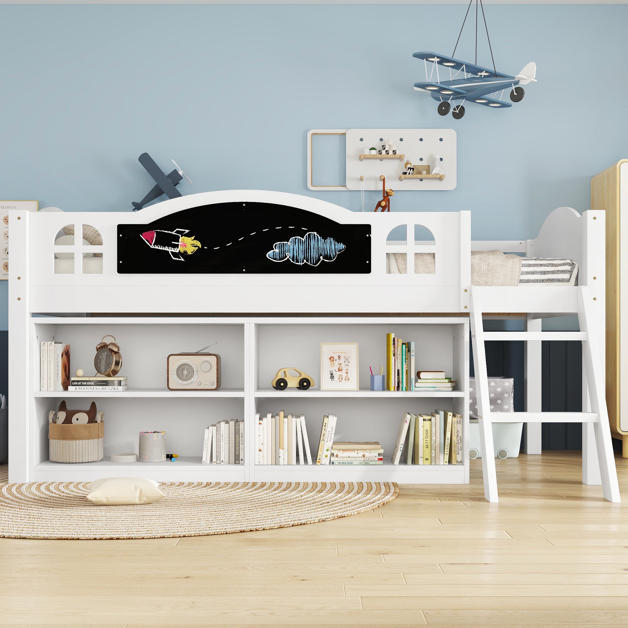 Houten Kinderbed met Krijtbord, Opbergkast en Twee - traps Trap, Eenpersoons 90x190 cm, Wit - Noventis Home