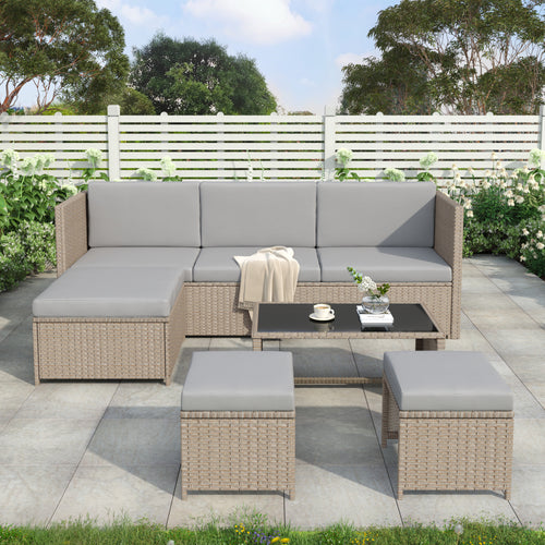4 - 6 Seater Garden Lounge Set, Garden Furniture Set, Ratten Sofa, Seating Group, Patio Furniture,Khaki - Noventis Home