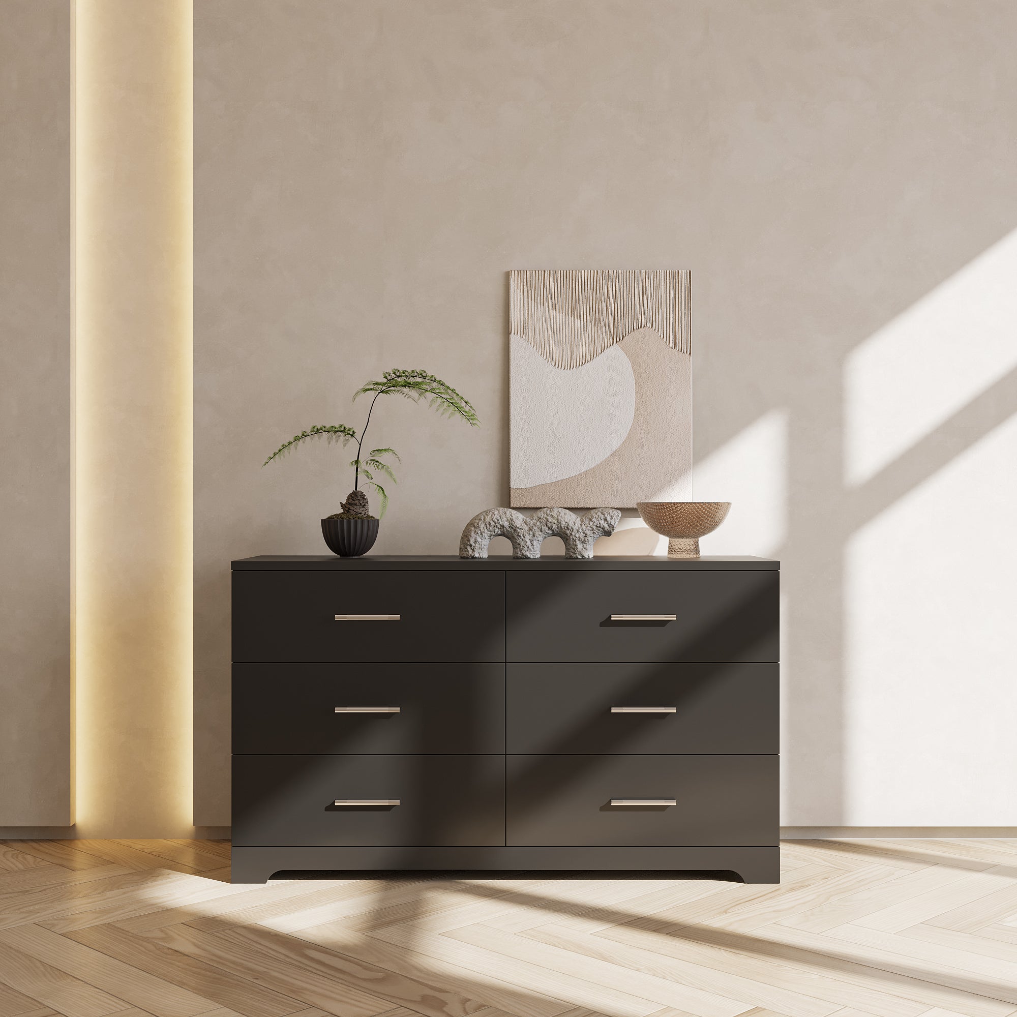 Black Particle Board With Triamcinol, Six Drawer Cabinet - Noventis Home