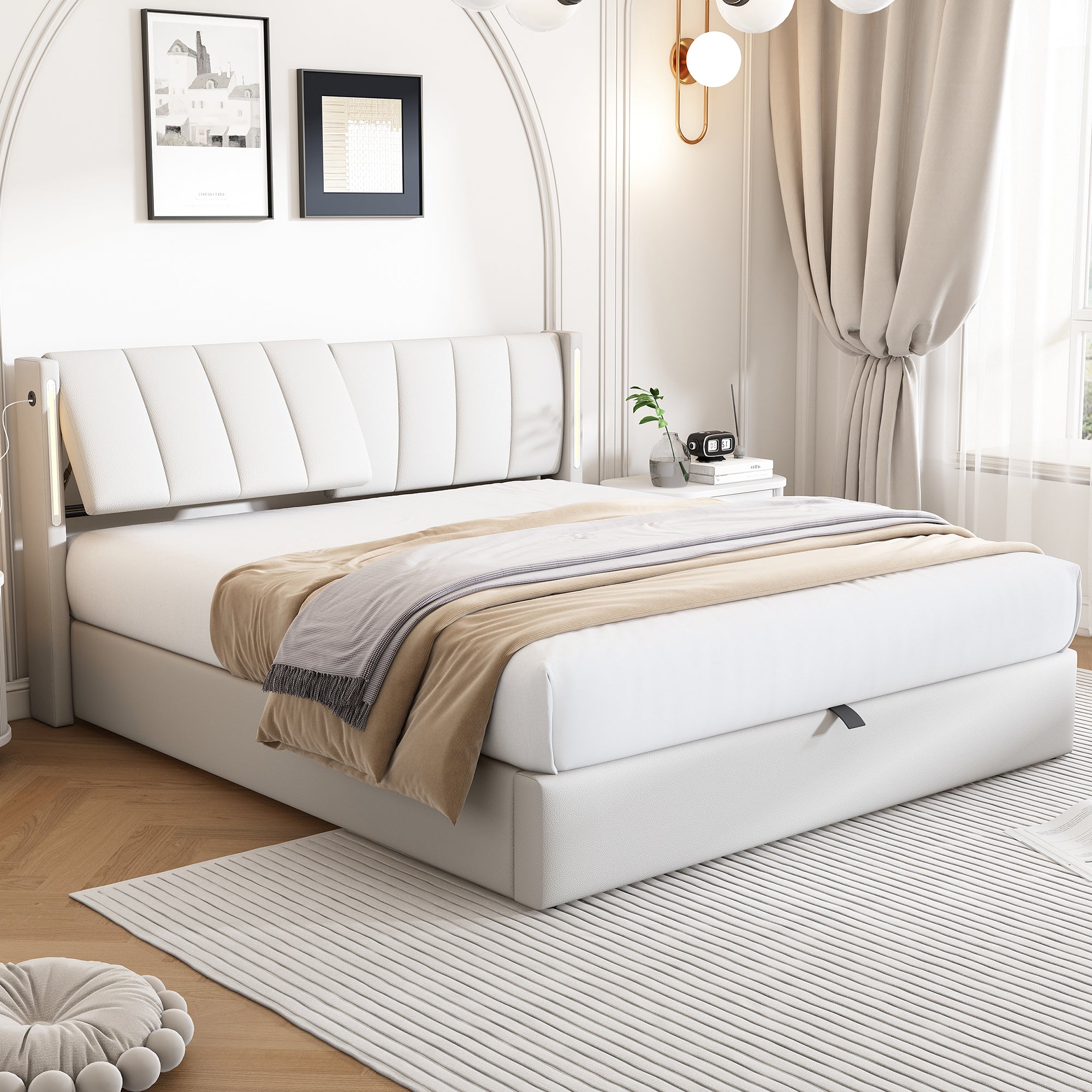 LED Upholstered Super King Size Bed - 6ft 180X200cm With Storage & Hydraulic Lift, USB Charging Ports, Adjustable Headboard & Lighting, PU , White - Noventis Home