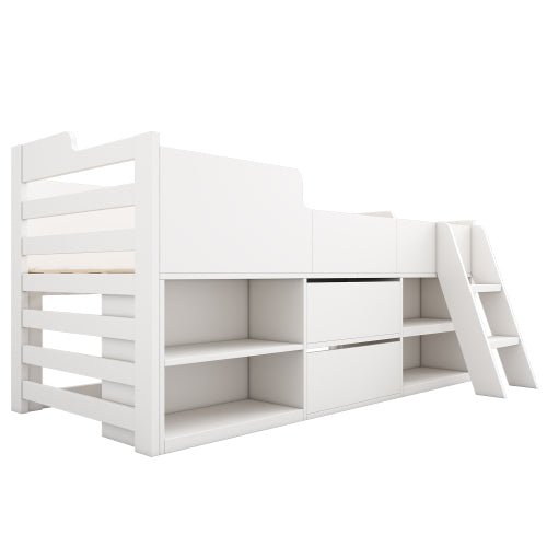 Kinderbed Halfhoogslaper met Opbergruimte, Houten Bed met Lades en Planken, Eenpersoons 90x190 cm, Wit - Alleen Frame - Noventis Home