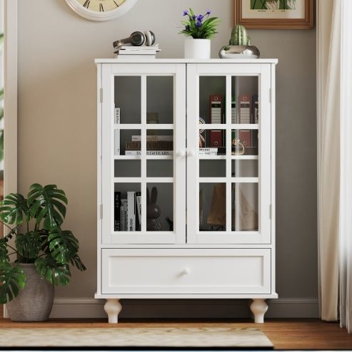 Minimalist White Buffet Cabinet With Double Glass Doors And Drawer, Modern Wooden Storage Sideboard Cupboard For Living Room, Dining Room Hallway Entryway - Noventis Home