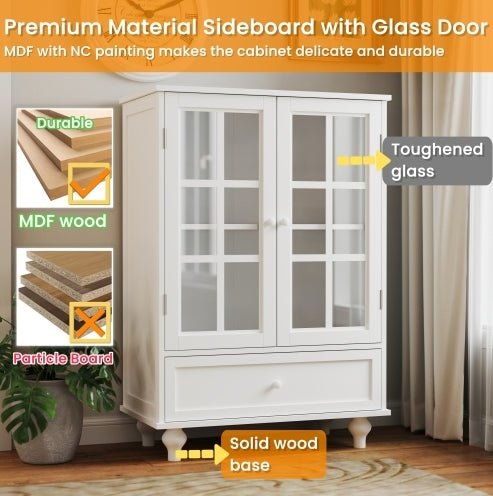Minimalist White Buffet Cabinet With Double Glass Doors And Drawer, Modern Wooden Storage Sideboard Cupboard For Living Room, Dining Room Hallway Entryway - Noventis Home