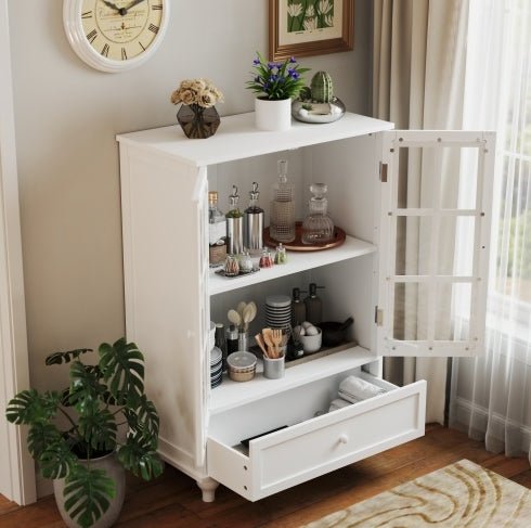 Minimalist White Buffet Cabinet With Double Glass Doors And Drawer, Modern Wooden Storage Sideboard Cupboard For Living Room, Dining Room Hallway Entryway - Noventis Home
