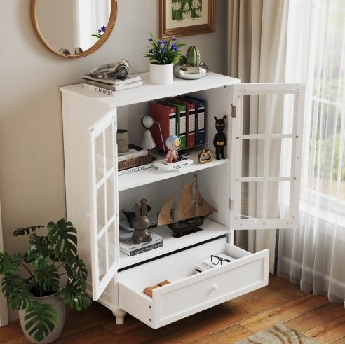 Minimalist White Buffet Cabinet With Double Glass Doors And Drawer, Modern Wooden Storage Sideboard Cupboard For Living Room, Dining Room Hallway Entryway - Noventis Home