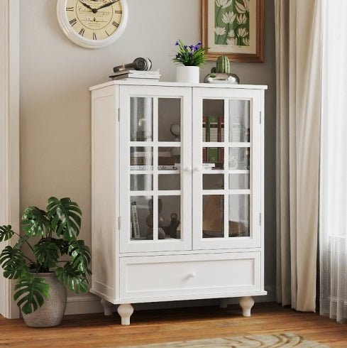 Minimalist White Buffet Cabinet With Double Glass Doors And Drawer, Modern Wooden Storage Sideboard Cupboard For Living Room, Dining Room Hallway Entryway - Noventis Home