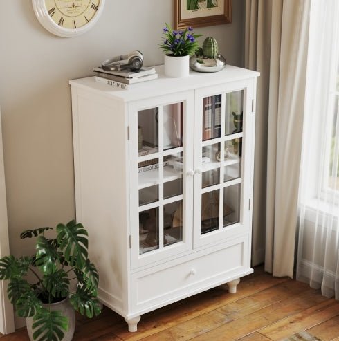 Minimalist White Buffet Cabinet With Double Glass Doors And Drawer, Modern Wooden Storage Sideboard Cupboard For Living Room, Dining Room Hallway Entryway - Noventis Home