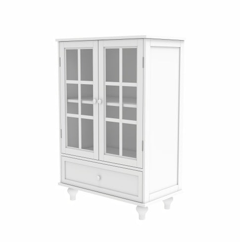 Minimalist White Buffet Cabinet With Double Glass Doors And Drawer, Modern Wooden Storage Sideboard Cupboard For Living Room, Dining Room Hallway Entryway - Noventis Home
