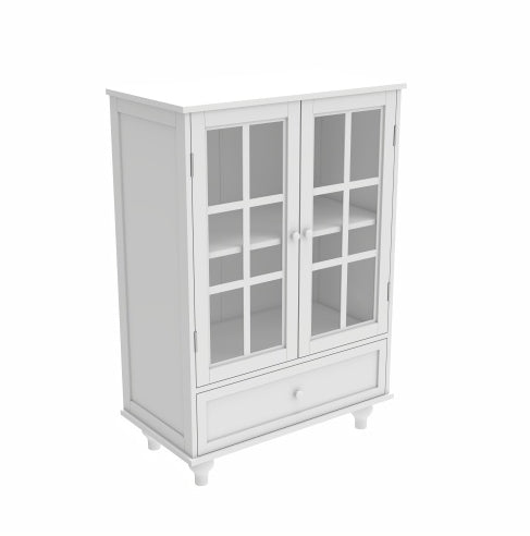 Minimalist White Buffet Cabinet With Double Glass Doors And Drawer, Modern Wooden Storage Sideboard Cupboard For Living Room, Dining Room Hallway Entryway - Noventis Home