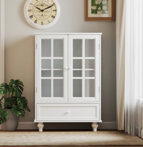 Minimalist White Buffet Cabinet With Double Glass Doors And Drawer, Modern Wooden Storage Sideboard Cupboard For Living Room, Dining Room Hallway Entryway - Noventis Home