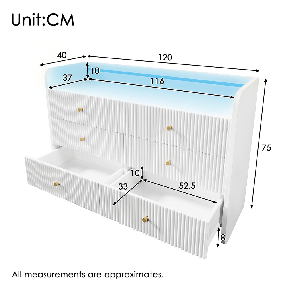 Fluted 6 - Drawer Sideboard, Modern Storage Cabinet With RGB LED Lighting & Shelves,, Chest Of Drawers For Living Room Bedroom Dining Room Office, 75x 120 X 40 Cm, White - Noventis Home