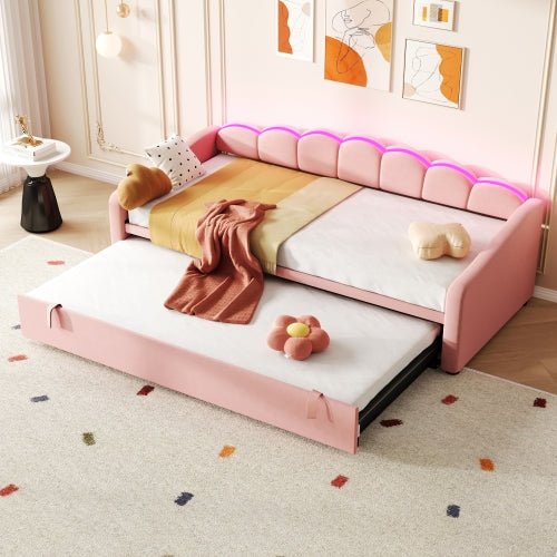 Upholstered Bed 90x190cm, Daybed, Sofa Bed With RGB LED Lighting, 3ft Petal Shape Single Bed With Trundle,Pull Out Trundle Bed For Living Room Bedroom Study Room, Velvet, - Noventis Home