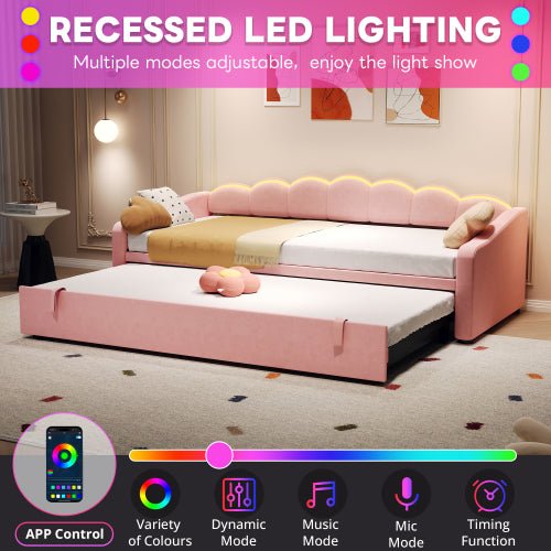 Upholstered Bed 90x190cm, Daybed, Sofa Bed With RGB LED Lighting, 3ft Petal Shape Single Bed With Trundle,Pull Out Trundle Bed For Living Room Bedroom Study Room, Velvet, - Noventis Home