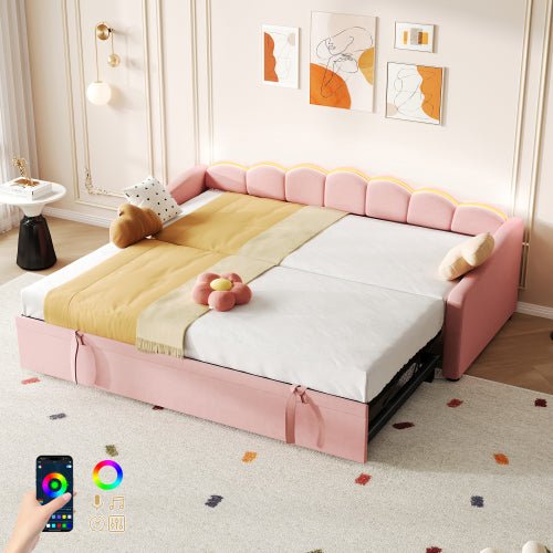 Upholstered Bed 90x190cm, Daybed, Sofa Bed With RGB LED Lighting, 3ft Petal Shape Single Bed With Trundle,Pull Out Trundle Bed For Living Room Bedroom Study Room, Velvet, - Noventis Home