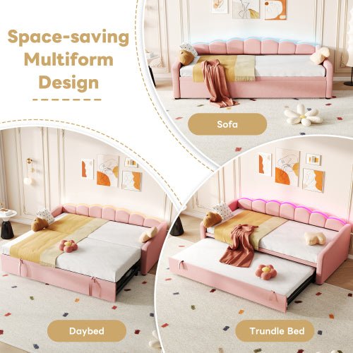 Upholstered Bed 90x190cm, Daybed, Sofa Bed With RGB LED Lighting, 3ft Petal Shape Single Bed With Trundle,Pull Out Trundle Bed For Living Room Bedroom Study Room, Velvet, - Noventis Home