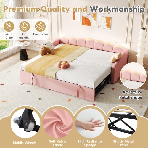 Upholstered Bed 90x190cm, Daybed, Sofa Bed With RGB LED Lighting, 3ft Petal Shape Single Bed With Trundle,Pull Out Trundle Bed For Living Room Bedroom Study Room, Velvet, - Noventis Home