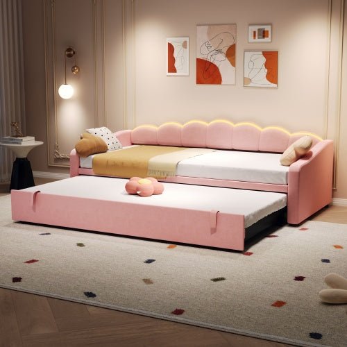 Upholstered Bed 90x190cm, Daybed, Sofa Bed With RGB LED Lighting, 3ft Petal Shape Single Bed With Trundle,Pull Out Trundle Bed For Living Room Bedroom Study Room, Velvet, - Noventis Home