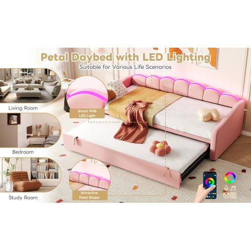 Upholstered Bed 90x190cm, Daybed, Sofa Bed With RGB LED Lighting, 3ft Petal Shape Single Bed With Trundle,Pull Out Trundle Bed For Living Room Bedroom Study Room, Velvet, - Noventis Home