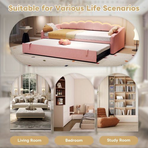 Upholstered Bed 90x190cm, Daybed, Sofa Bed With RGB LED Lighting, 3ft Petal Shape Single Bed With Trundle,Pull Out Trundle Bed For Living Room Bedroom Study Room, Velvet, - Noventis Home