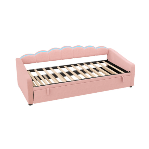 Upholstered Bed 90x190cm, Daybed, Sofa Bed With RGB LED Lighting, 3ft Petal Shape Single Bed With Trundle,Pull Out Trundle Bed For Living Room Bedroom Study Room, Velvet, - Noventis Home