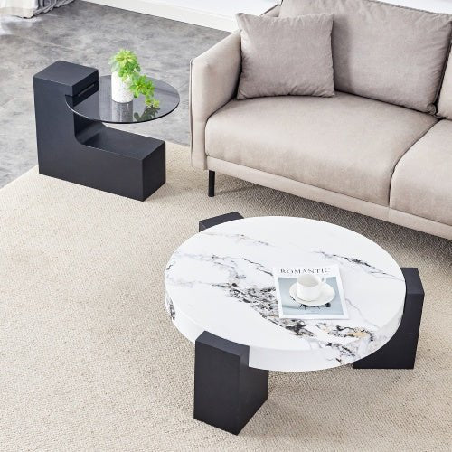 Modern Simple Double - Layer Round Coffee Table - Transparent Gray Glass Top With Black MDF L - Shaped Legs.The Detachable Design Can Make The Use Of Space More Flexible - Noventis Home