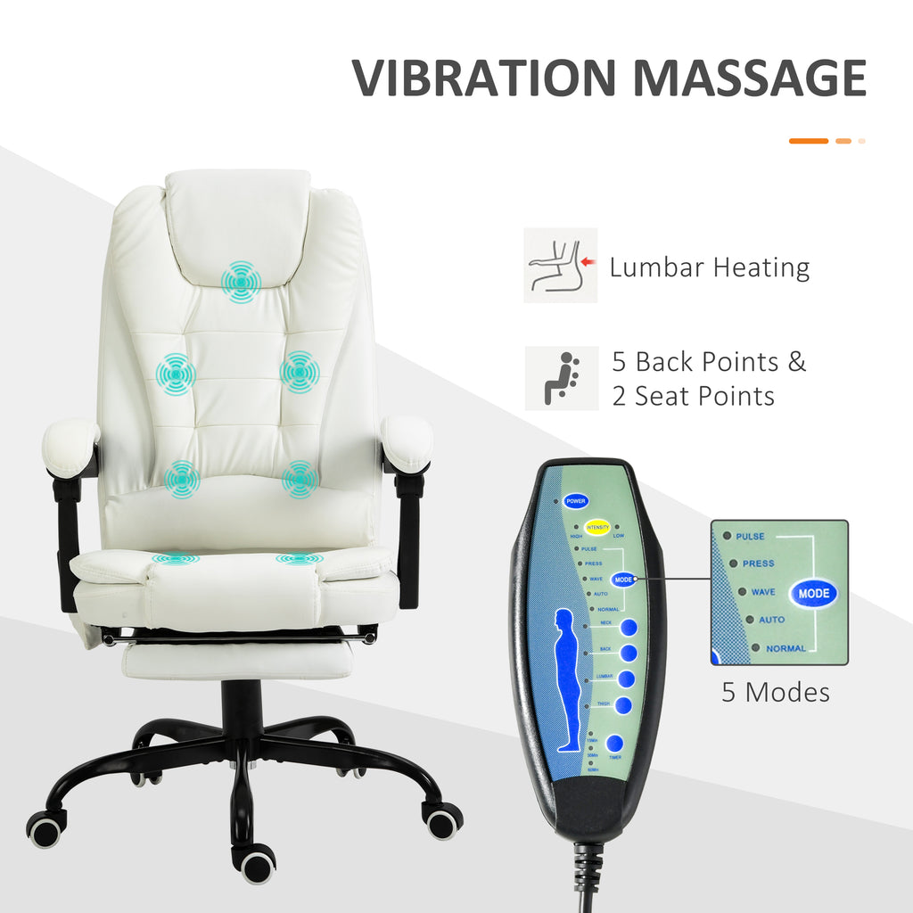 7 - Point Vibrating Massage Office Chair High Back Executive Recliner With Lumbar Support, Footrest, Reclining Back, Adjustable Height, White - Noventis Home