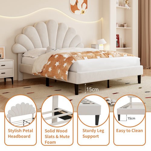 4ft6 Double Upholstered Velvet Bed Frame, With Adjustable Chic Petal Headboard, Velvet Platform Bed Frame With Solid Wood Slat, No Box Spring Needed, Easy Assembly, Beige - Noventis Home
