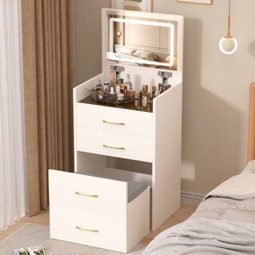 3 In 1 Vanity Desk With Open Top Mirror,Small Make Up Vanity Set With Visible Glass Desktop,Compact Makeup Vanity With 3 Drawers,Dressing Table For Bedroom - Noventis Home