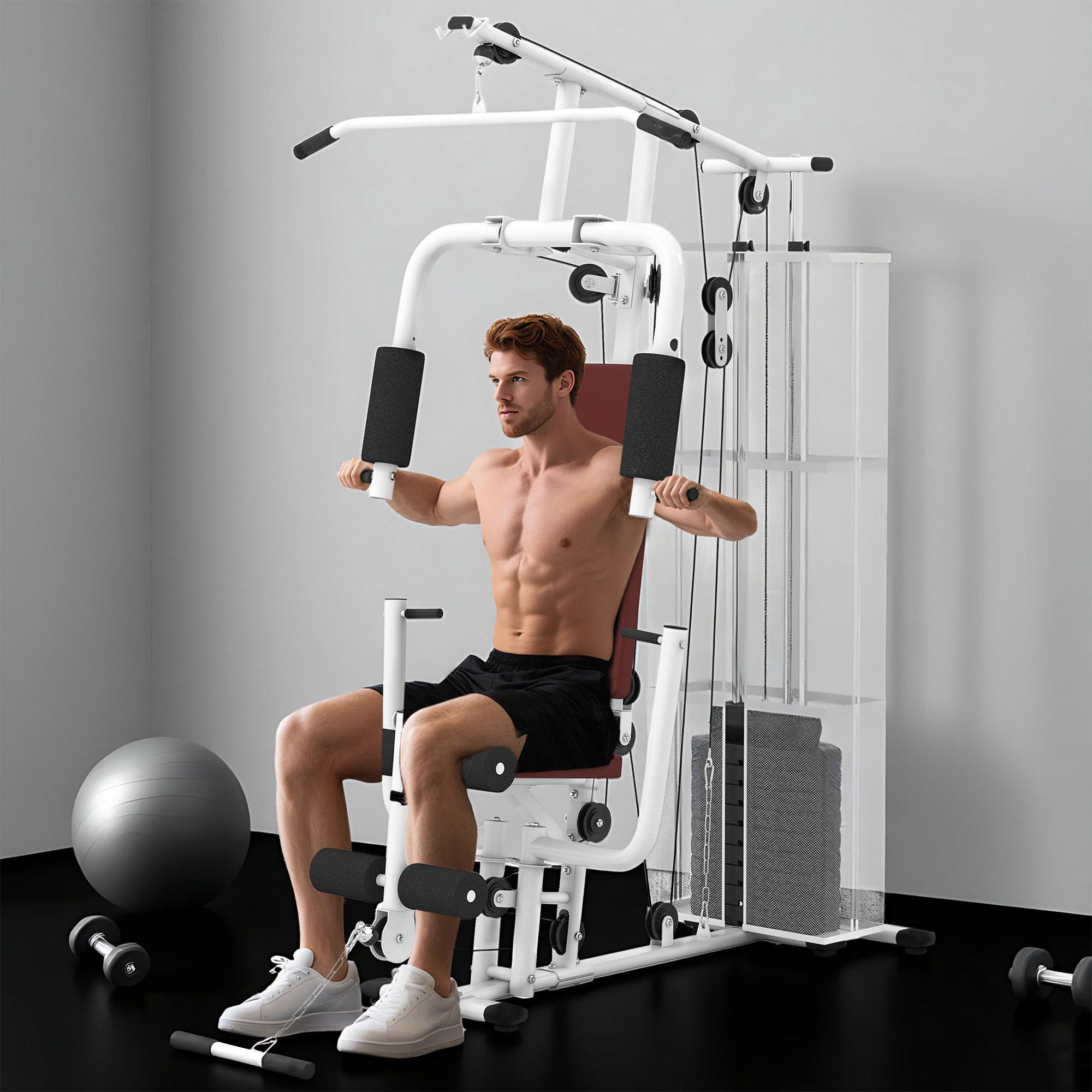 Multifunction Home Gym Weight Training Workout Station Fitness Strength Machine, White - Noventis Home