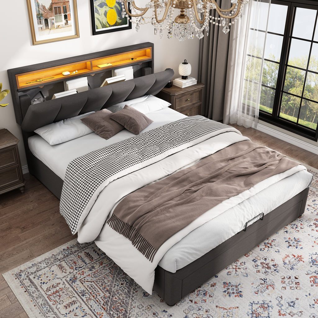 Gestoffeerd Bed met LED - verlichting, 135x190cm, Hydraulische Opbergruimte, Opvouwbaar Schuim Hoofdeinde, Stalen Frame, Linnen, Grijs - Noventis Home