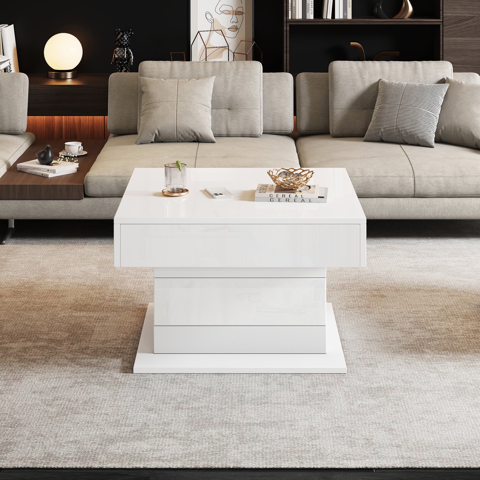 360° Draaibare Salontafel, Hoogglans Lift-Top met 1 Lade, Ruimtebesparende Bijzettafel, 70x70x45cm, Wit