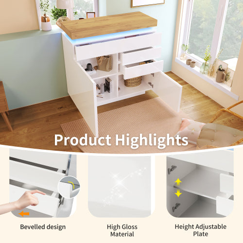 Ladekast, Hoogglans Dressoir met 2 Deuren en 3 Lades, RGB LED App-gestuurd, Multifunctioneel voor Woonkamer en Slaapkamer, 115x110x39 cm, Wit